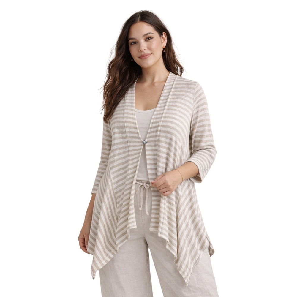 Soft‎ Surroundings Cascadia Linen Striped Drape Cardigan L Beige White Button
